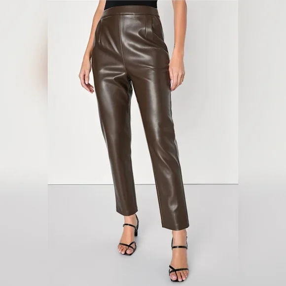 Lulus Kick It Dark Brown Vegan Leather High-Waisted Trouser Pants - Size XS - Picture 4 of 10